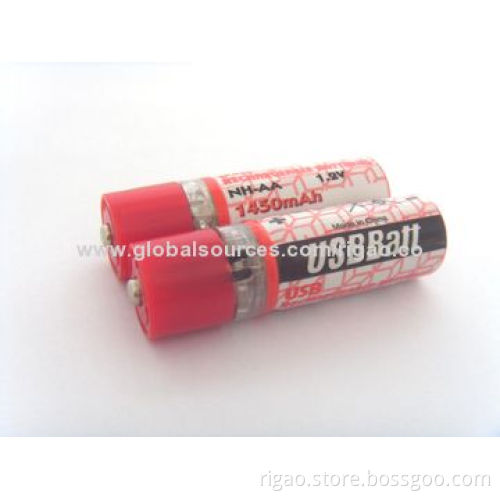 Newest red style 1.2V 1,450mAh AA model USB battery for traveling and camping